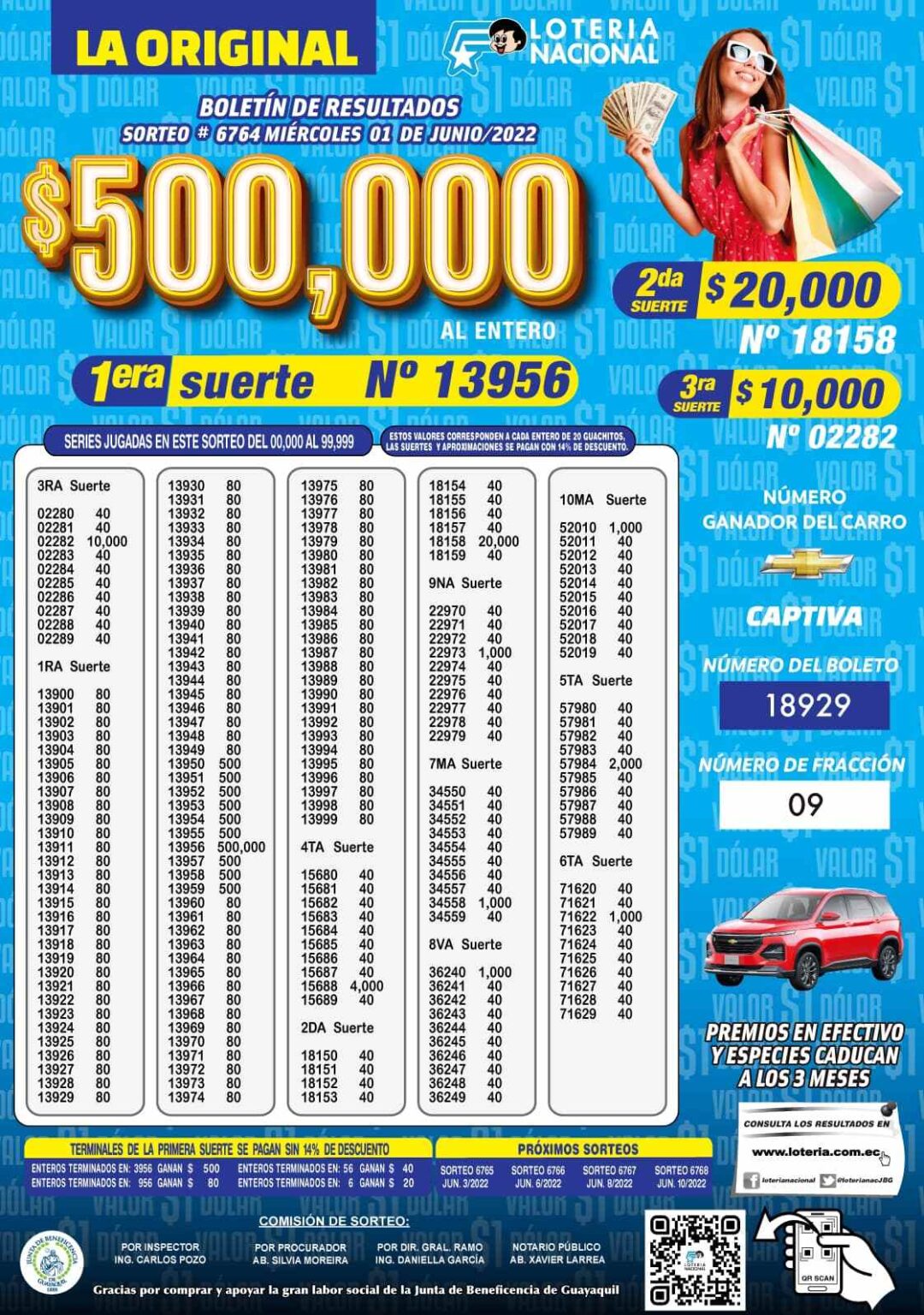 Sorteo Lotería Nacional 6764 Boletín Oficial La Original Del Miércoles